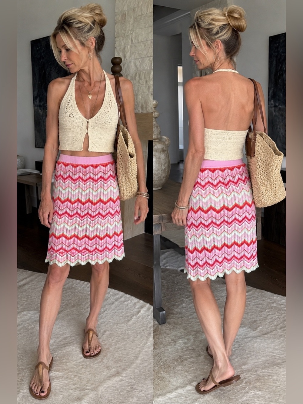 Torn by Ronny Kobo Chevron Pointelle Knit Skirt Pink Red Stripe Size 8